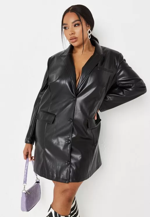 Plus Size Black Faux Leather Button Front Blazer Dress