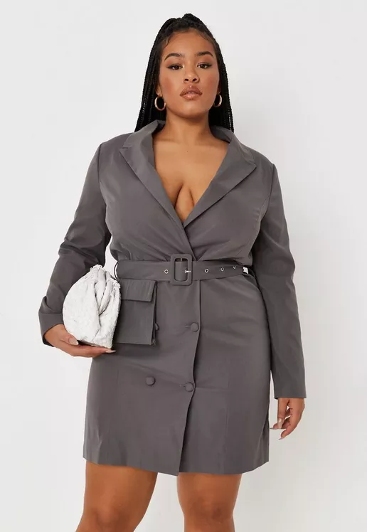 Plus Size Grey Belted Blazer Mini Dress